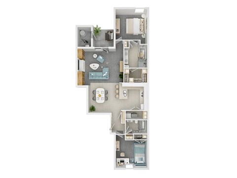 A floor plan of a house with a kitchen, living room, and two bedrooms.